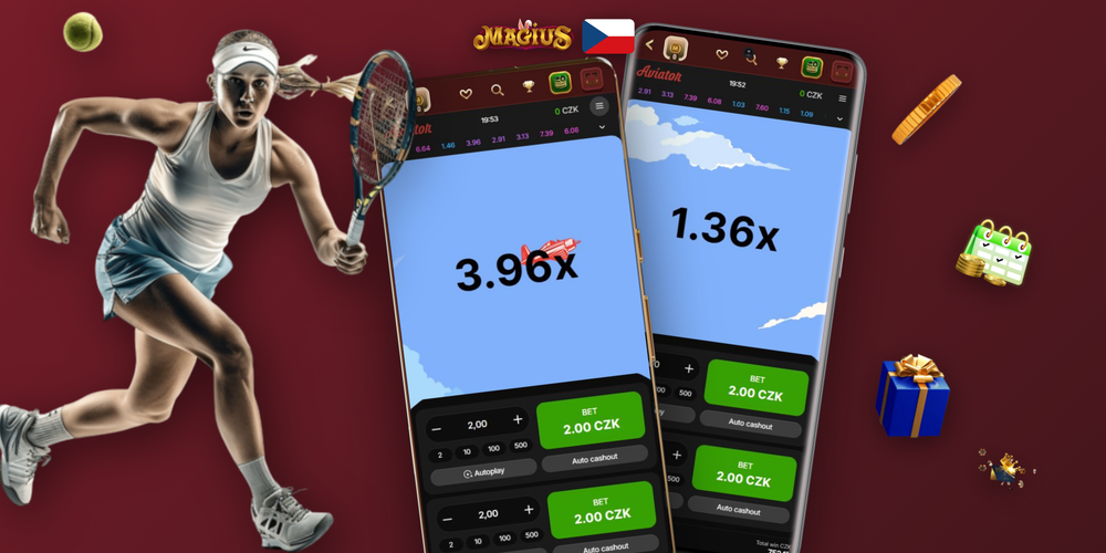 Herní obrazovka Aviator v Magius Casino s aktuálním multiplikátorem a historií kol