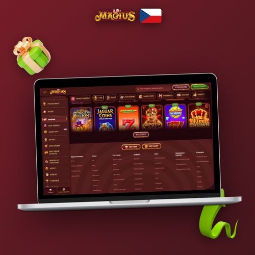 Magius Casino do počítače – herní lobby na notebooku s fialovým designem